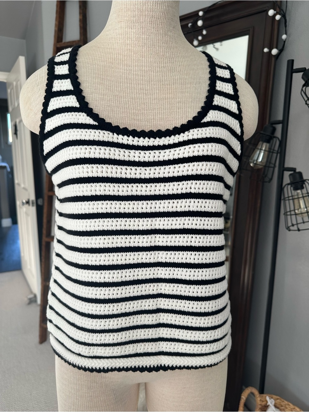 Elie Tahari Black & White Striped Crochet Tank NWT size large